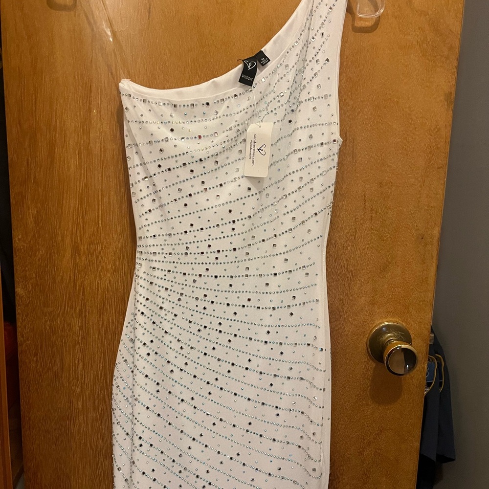Windsor White One Shoulder Ruched Knee-Length Dress